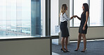 Success, handshake and meeting with business people in office for welcome, deal and thank you. Partnership, shaking hands and b2b with employees in agency for teamwork, support and opportunity