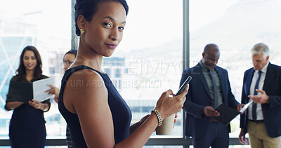 Buy stock photo Office, businesswoman or lawyer in portrait with phone, corporate career or legal aid to contact. Consultant, female person or attorney with mobile for law firm, case email or smile with coffee drink
