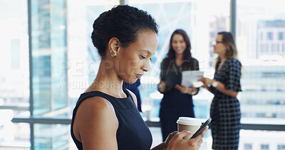 Buy stock photo Coffee, businesswoman and lawyer in office with phone, corporate career and legal aid to contact. Consulting, female person and attorney with mobile for law firm, case email and smile with tea drink