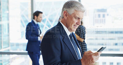 Buy stock photo Smile, businessman and lawyer in office with phone, corporate career and legal aid to contact. Meeting, mature person and attorney with mobile for law firm, case email and happy for justice update