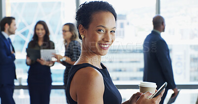 Buy stock photo Portrait, businesswoman and lawyer in office with phone, corporate career or legal aid to contact. Coffee, female person and attorney with mobile for law firm, case email or justice update with smile