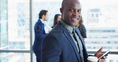 Buy stock photo Portrait, businessman and attorney in office with phone, corporate career and legal aid to contact. Coffee, male person and lawyer with mobile for law firm, case email and justice update with smile