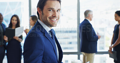 Buy stock photo Office, businessman and lawyer in portrait with smile, corporate career and legal aid with coffee. Meeting, male person and attorney with confidence for law firm, justice and court case with drink
