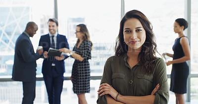 Buy stock photo Office, crossed arms and portrait of business woman in lobby with confidence, pride and ambition. Professional, corporate and person with staff for about us in finance career, job and opportunity