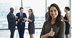 Portrait, employee and woman with thumbs up, office and gesture for opinion, happiness and approval. Sign, agreement and person with smile for vote, finger and positive mindset in company or great