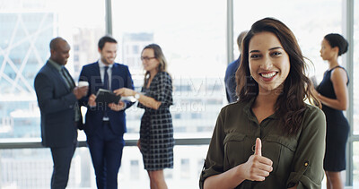 Buy stock photo Portrait, employee and woman with thumbs up, office and gesture for opinion, happiness and approval. Sign, agreement and person with smile for vote, finger and positive mindset in company or great