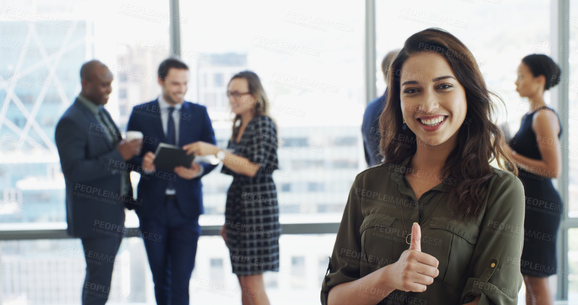 Buy stock photo Portrait, employee and woman with thumbs up, office and gesture for opinion, happiness and approval. Sign, agreement and person with smile for vote, finger and positive mindset in company or great