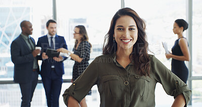 Buy stock photo Office, businesswoman and portrait with happiness for about us, professional career and secretary. Workplace, female person and assistant with confidence for meeting, ambition and smile with pride