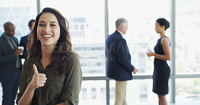 Buy stock photo Portrait, employee and woman with thumbs up, happiness and gesture for opinion, approval and office. Sign, agreement and person with smile for vote, finger and positive mindset in company or great