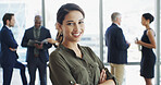 Office, businesswoman and portrait with pride for about us, professional career and secretary. Workplace, female person and assistant with happiness for meeting, ambition and smile with arms crossed