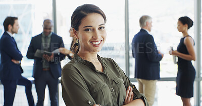 Buy stock photo Office, businesswoman and portrait with pride for about us, professional career and secretary. Workplace, female person and assistant with happiness for meeting, ambition and smile with arms crossed