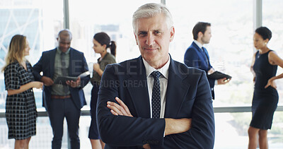 Buy stock photo Office, businessman and lawyer in portrait with pride, corporate career or legal aid with smile. Confident, mature attorney or leader with arms crossed for about us, justice or court case at law firm