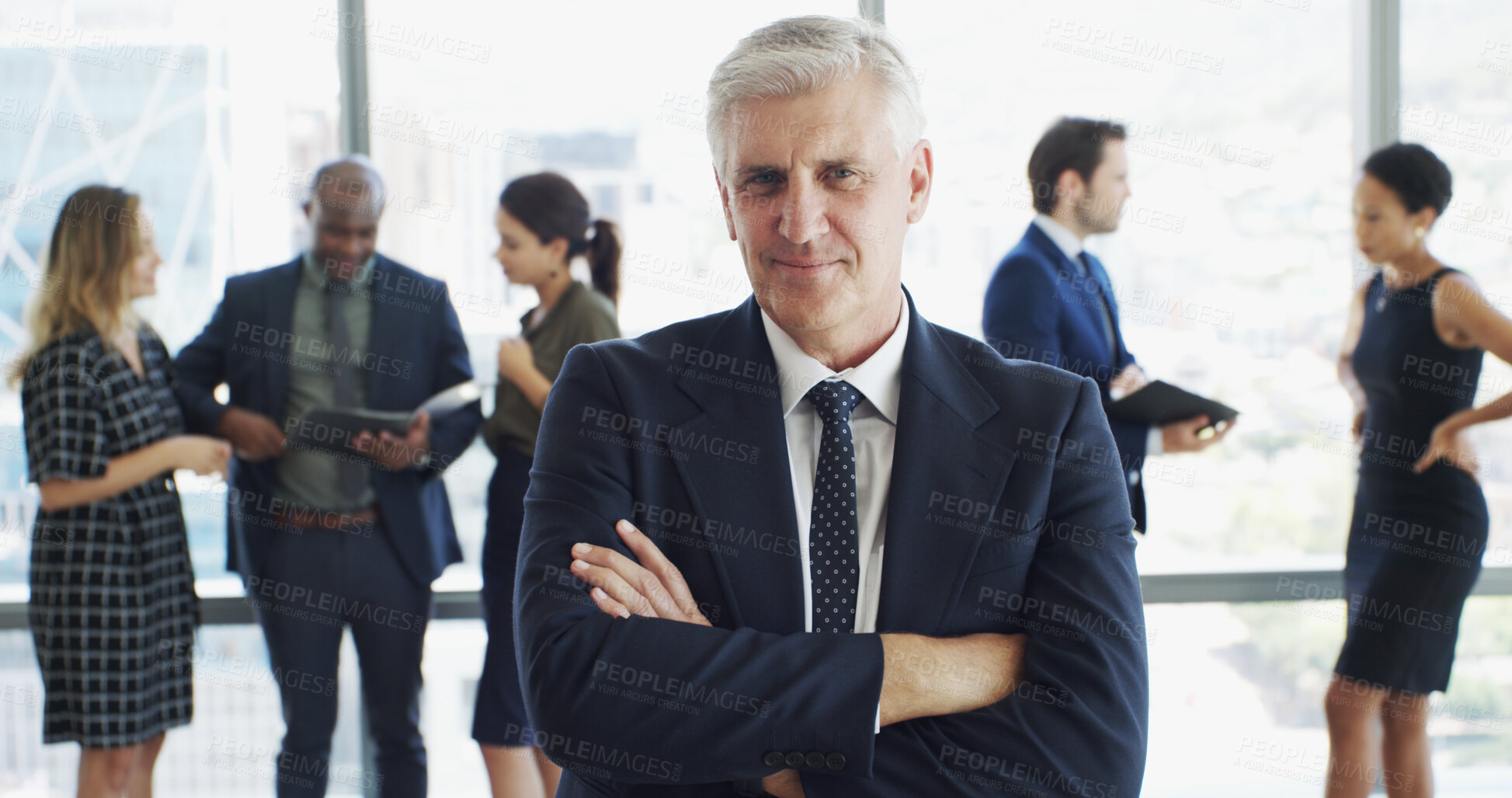 Buy stock photo Office, businessman and lawyer in portrait with pride, corporate career or legal aid with smile. Confident, mature attorney or leader with arms crossed for about us, justice or court case at law firm