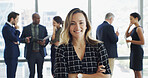 Office, businesswoman and lawyer in portrait with pride, corporate career and legal aid with smile. Meeting, female attorney and leadership with arms crossed for about us, justice or case at law firm