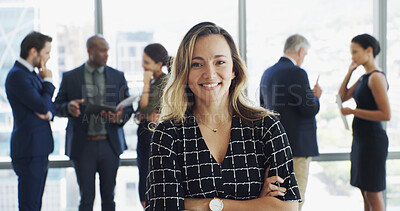 Buy stock photo Office, businesswoman and lawyer in portrait with pride, corporate career or legal aid with smile. Confident, female attorney or leadership with arms crossed for about us, justice or case at law firm