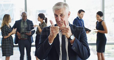 Buy stock photo Portrait, business or man in office, finger gun or support with greeting, encouragement or confidence. Achievement, people or happy consultant with hand gesture, feedback or thank you with success