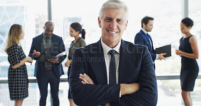Buy stock photo Office, businessman and attorney in portrait with pride, corporate career or legal aid with smile. Confident, mature lawyer or leader with arms crossed for about us, justice or court case at law firm