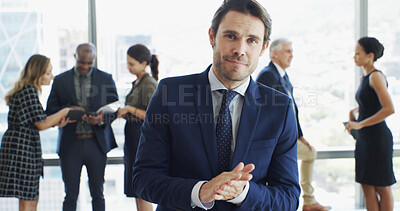 Buy stock photo Portrait, businessman or attorney in office with smile, corporate career or legal aid with pride. Consultant, male lawyer or leadership with confidence for about us, justice or court case at law firm