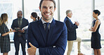 Office, crossed arms and portrait of business man in lobby with confidence, pride and ambition. Professional, corporate and person with staff for about us in finance career, job and opportunity