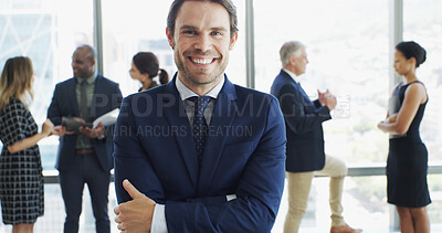 Buy stock photo Office, crossed arms and portrait of business man in lobby with confidence, pride and ambition. Professional, corporate and person with staff for about us in finance career, job and opportunity
