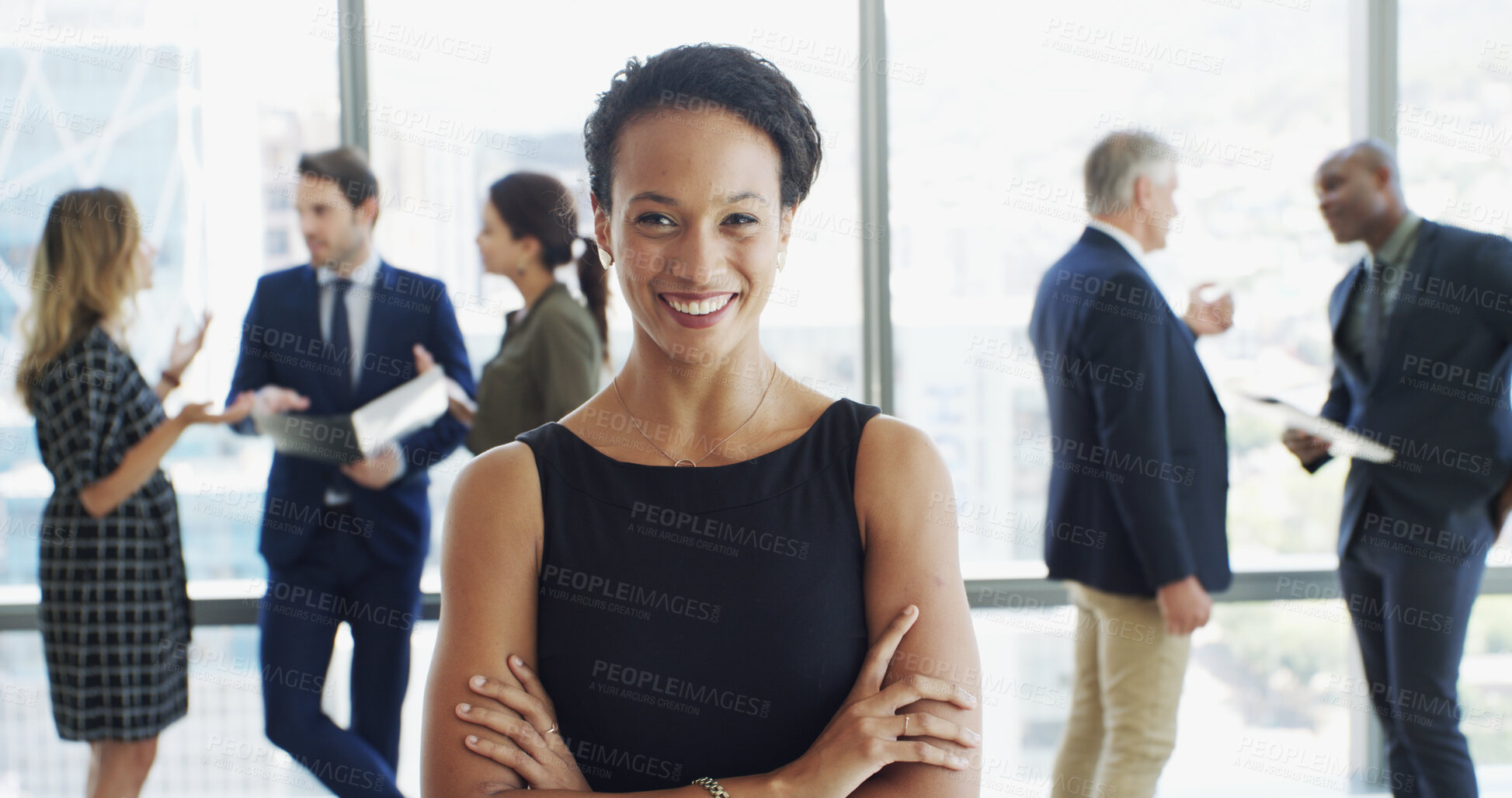 Buy stock photo Lobby, crossed arms and portrait of business woman in office with confidence for financial planner. Professional, corporate and person with staff for about us in finance career, job and opportunity