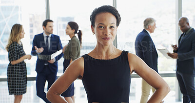 Buy stock photo Office, businesswoman and portrait with attorney for about us, professional career and confidence. Workplace, female person and lawyer with smile for meeting, ambition and case justice at law firm