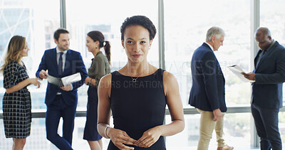 Buy stock photo Office, businesswoman and portrait with attorney for law firm professional career and confidence. About us, female person and lawyer with smile for meeting, ambition and case justice in workplace