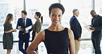 Office, businesswoman and portrait with lawyer for law firm professional career and confidence. About us, female person and attorney with smile for meeting, ambition and case justice in workplace