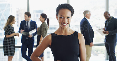 Buy stock photo Office, businesswoman and portrait with lawyer for law firm professional career and confidence. About us, female person and attorney with smile for meeting, ambition and case justice in workplace