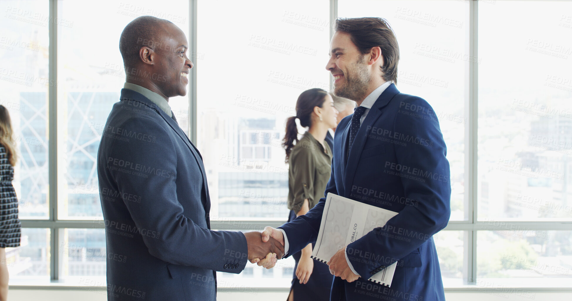 Buy stock photo Conference, handshake and greeting with business men in office together for event. Welcome, partnership and smile with happy employee shaking hands for introduction to corporate seminar or workshop