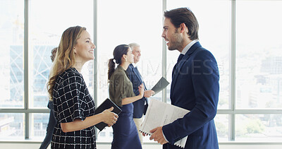 Buy stock photo Lobby, happy and business people in discussion with report for feedback, collaboration and planning. Office, corporate and woman with man in meeting with documents for strategy, project and proposal