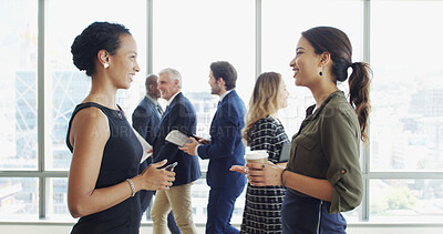 Buy stock photo Business, conference and women with networking in lobby for global expo, workshop feedback or chat. Professional, people and happy at convention for career development, startup ideas or collaboration