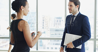Buy stock photo Lobby, office and business people in discussion with report for feedback, review and planning. Professional, corporate and woman with man in meeting with documents for strategy, project and proposal