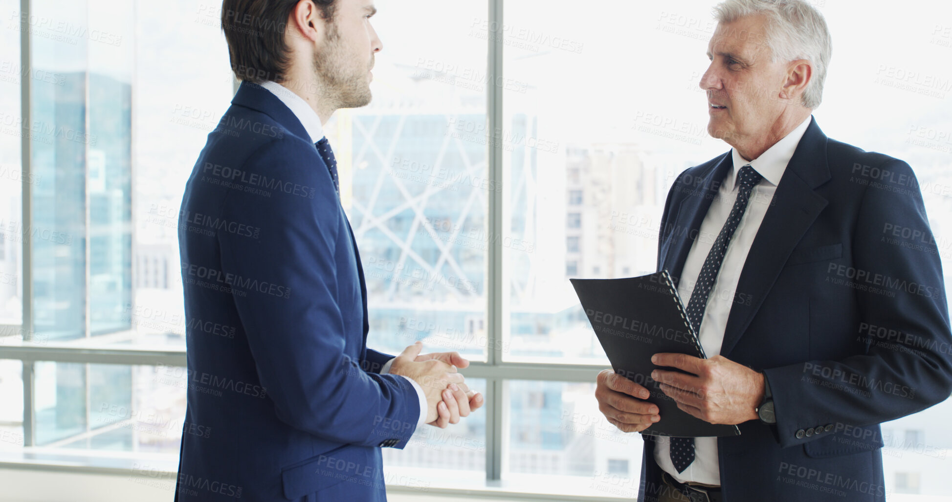 Buy stock photo Business, collaboration and men with file, meeting and financial report for proposal and colleagues. Office, ceo and people with paperwork for stock market, investor and discussion for opportunity