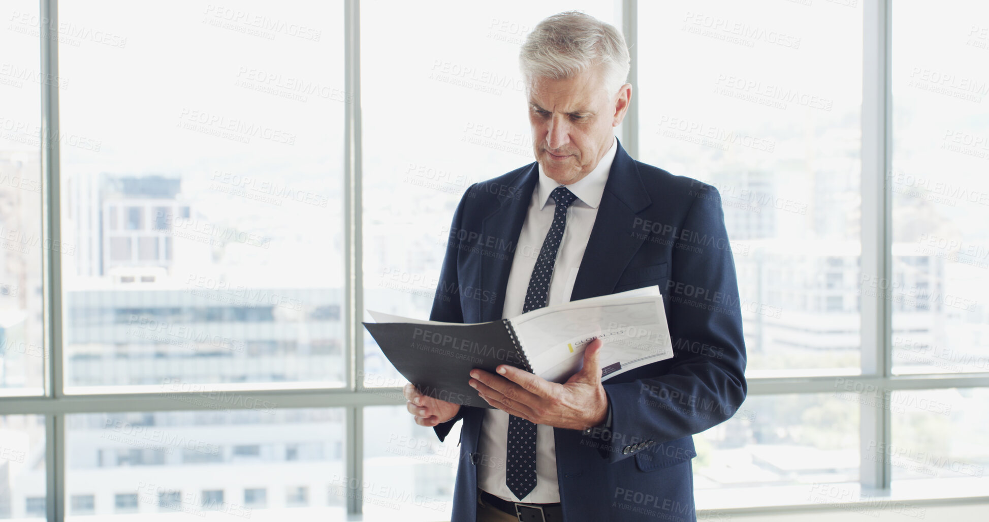 Buy stock photo Business, man and reading folder in office to review schedule, finance report and compliance. Mature person, document or financial budget of profit update, information and proposal of investment deal