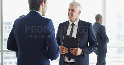 Buy stock photo Report, discussion and business men in office for finance contract with investment negotiation. Paperwork, conversation and financial advisor with manager for feedback on budget document in workplace