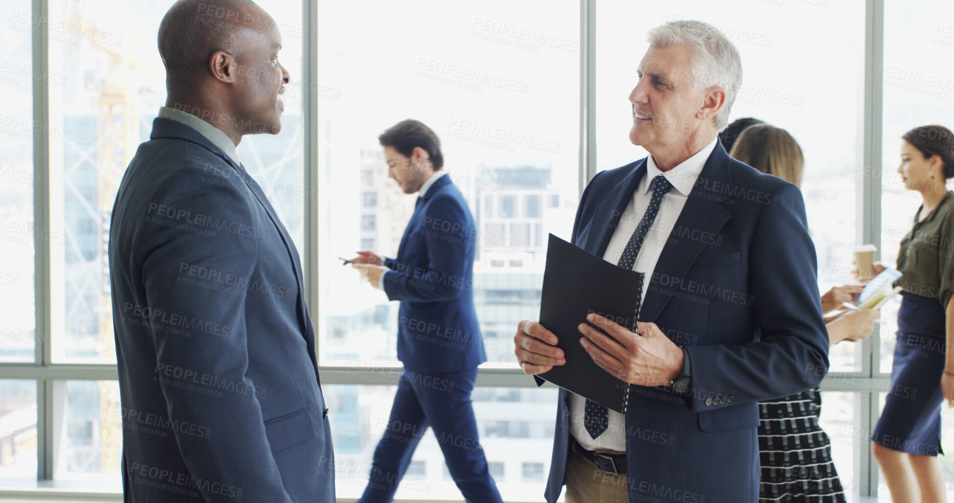 Buy stock photo Document, conversation and business men in office for finance contract with investment negotiation. Paperwork, discussion and financial advisor with manager for feedback on budget report in workplace