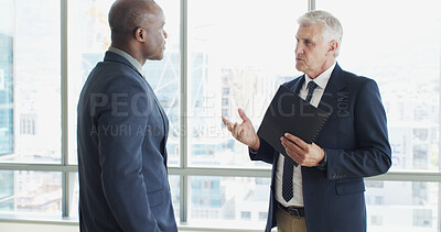 Buy stock photo Document, meeting and business men in office for finance contract with investment negotiation. Paperwork, conversation and financial advisor with manager for feedback on budget report in workplace