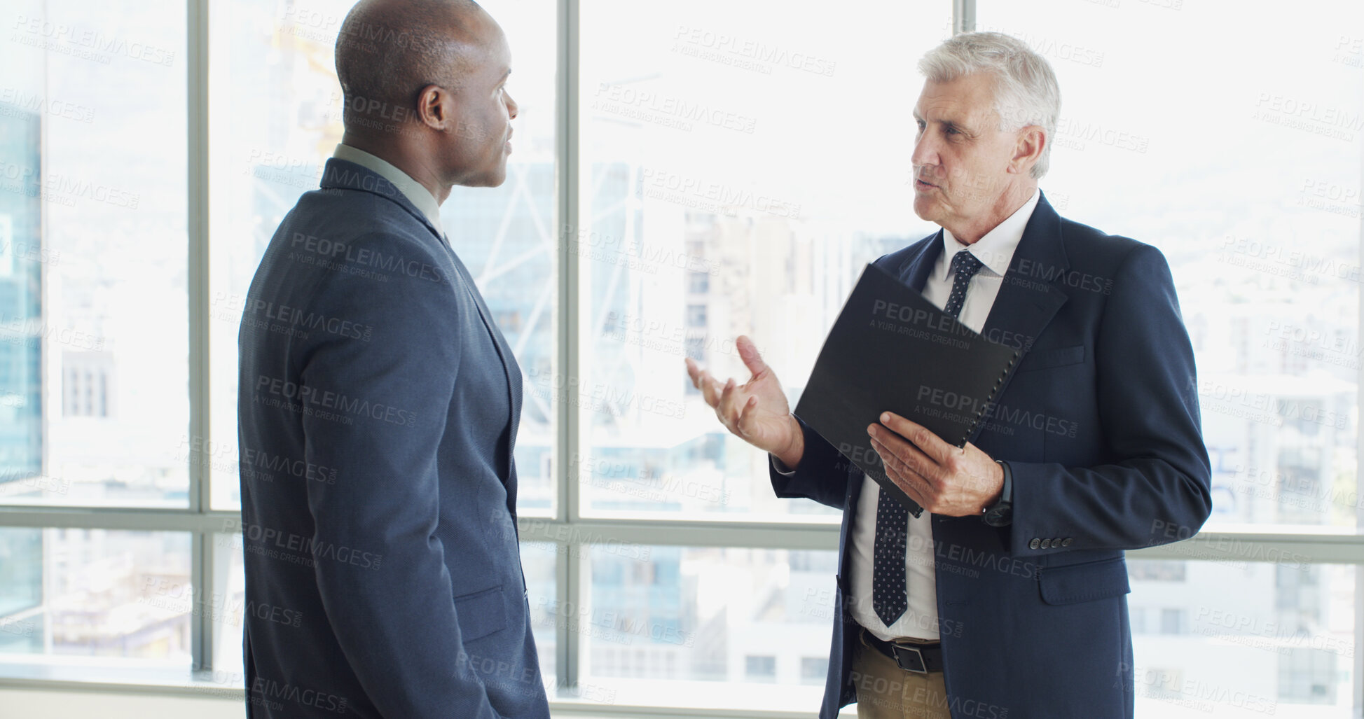Buy stock photo Document, meeting and business men in office for finance contract with investment negotiation. Paperwork, conversation and financial advisor with manager for feedback on budget report in workplace