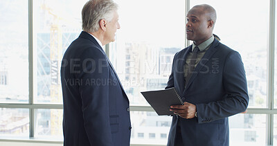 Buy stock photo Business, team and men with document, meeting and ceo with financial report, colleagues or proposal. Office, collaboration and people with file for stock market, reading and opportunity for investor