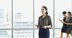 Business, thinking and woman in lobby, documents and decision with view, economy expert or ideas. People, employee and consultant in hallway, paperwork and problem solving with choice and waiting
