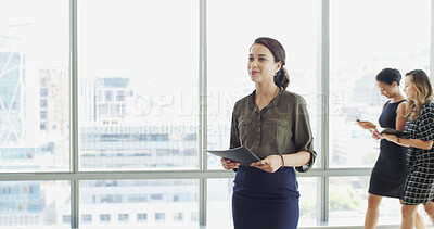 Buy stock photo Business, thinking and woman in lobby, documents and decision with view, economy expert or ideas. People, employee and consultant in hallway, paperwork and problem solving with choice and waiting