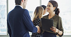 Partnership, welcome and handshake with business people together with proposal for event. Greeting, man and woman shaking hands for employee introduction to corporate seminar, office or workshop