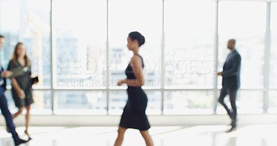 Buy stock photo Blur, moving and walking with business people in lobby of office for corporate productivity. Busy, window and work with professional employee group in convention center for development seminar