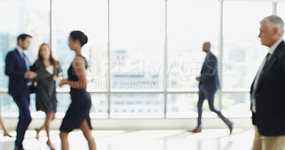 Buy stock photo Blur, busy and walking with business people in lobby of office for corporate productivity. Moving, window and work with professional employee group in convention center for development seminar