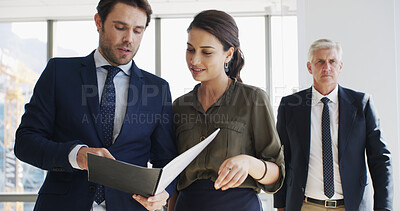 Buy stock photo Business, people and discussion with file in office for case preparation, feedback or testimony. Law firm, lawyers or teamwork with documents for legal justice, lawsuit settlement or statement review
