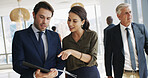 Business, people and discussion with document in office for case preparation, feedback or planning. Law firm, lawyers or pointing to testimony for legal justice, lawsuit settlement or proposal review