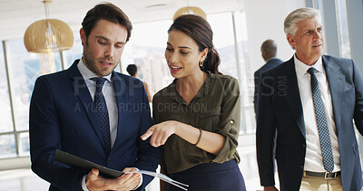 Buy stock photo Business, people and discussion with document in office for case preparation, feedback or planning. Law firm, lawyers or pointing to testimony for legal justice, lawsuit settlement or proposal review