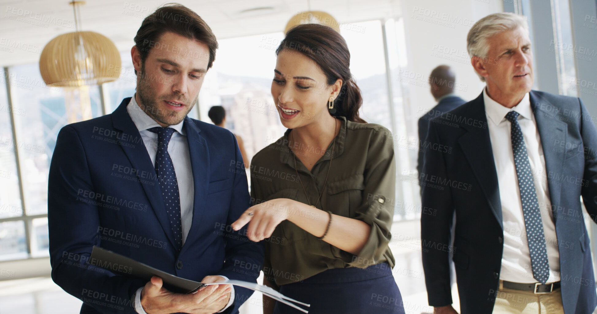 Buy stock photo Business, people and discussion with document in office for case preparation, feedback or planning. Law firm, lawyers or pointing to testimony for legal justice, lawsuit settlement or proposal review