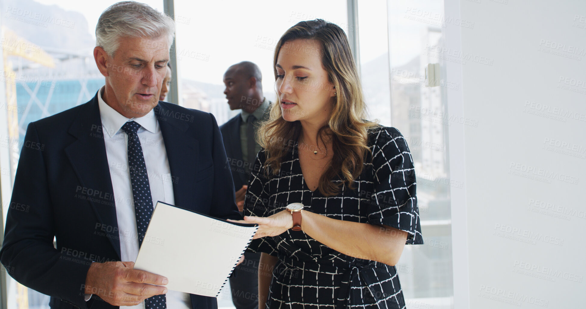 Buy stock photo Business, people and talk with folder in office to review schedule, finance report and feedback. Team, document and financial budget of profit update, information and proposal plan of investment deal